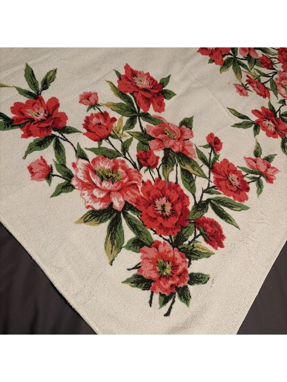 Vintage 1970’s Terrycloth Tablecloth Bright Pink Colorful Flowers 50”x44”